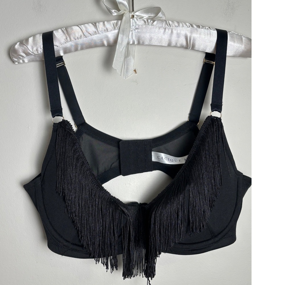 Cacique Fringe Quarter Cup Bra 38D Black Lightly Lined Underwire Festival Gothic